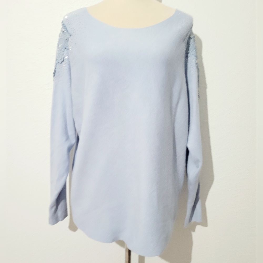 Vila Milano Light Blue Sweater Size Large Lace Sequin Shoulder Detail Soft Knit